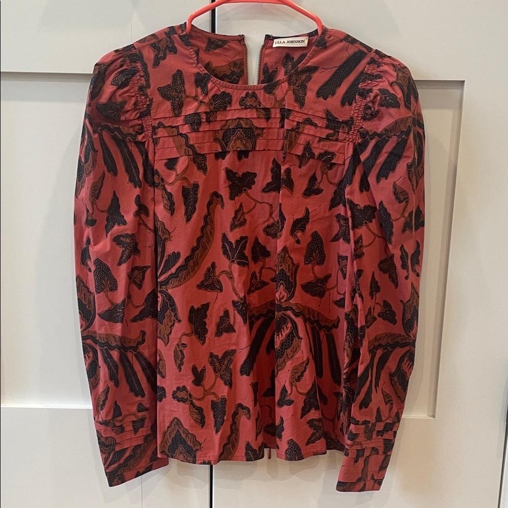 Ulla Johnson Coral and Brown Leaf Print Top